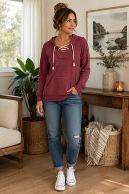 Ocean Drive Burgundy Lace Up Coastal Hoodie Pullover Sweatshirt S